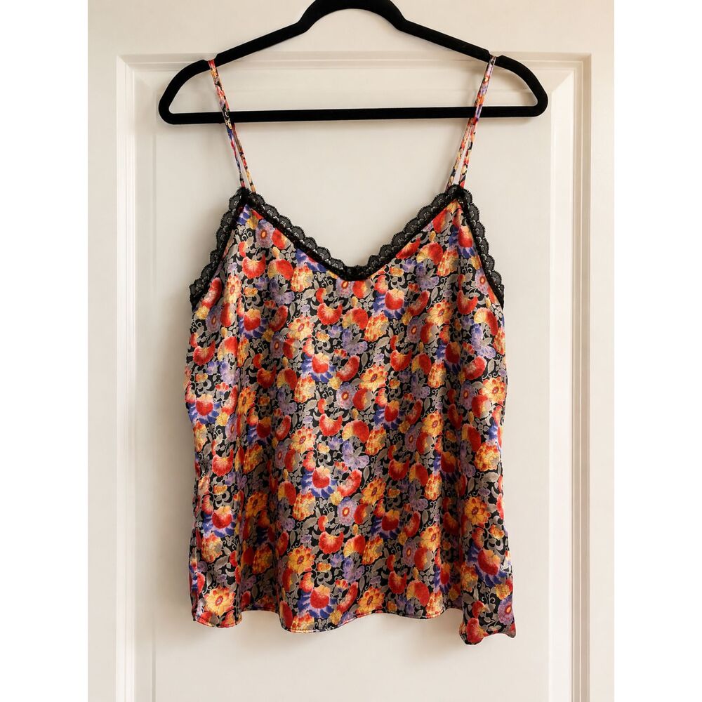 Y2K Floral Satin Lace Trim Cami Tank | Silky Slip Style Top | Size Large